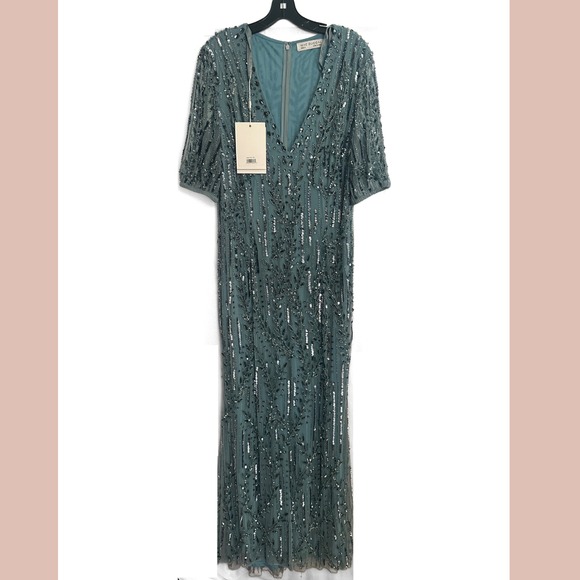 NWT‎ Mac Dugagl [ 14 ] 93870 V neck Short Sleeve Beaded Gown French BLUE #J1942 - Picture 1 of 12